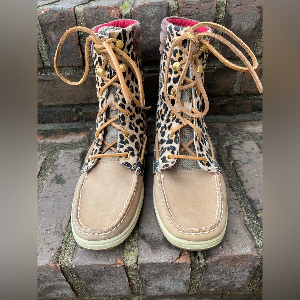 Sperry Women's Hikerfish Boots Brown Leather Leopard Print 8M - Lightly Loved!
